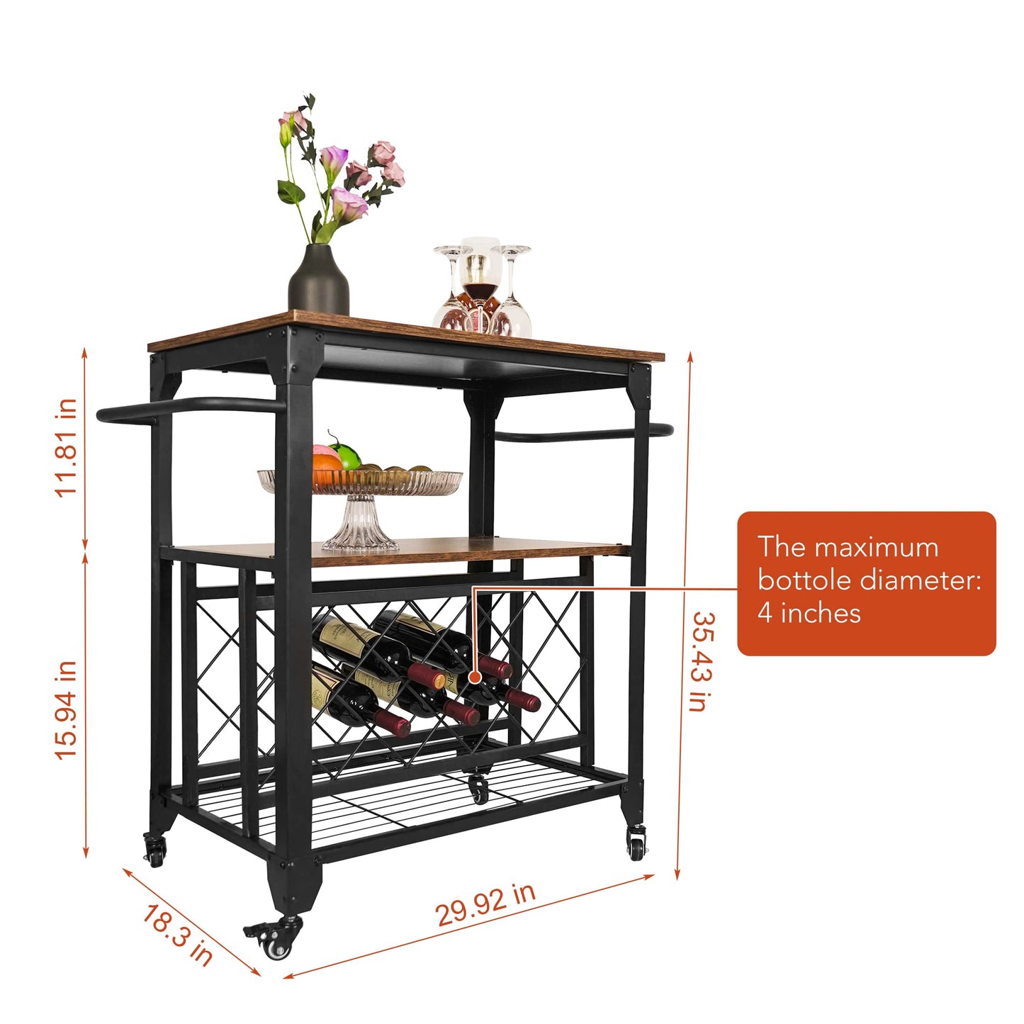 WAYTRIM Bar Cart, 3 Tier Home Freely Rolling with Wheels, Industrial Vintage Style Wood Metal Serving Trolley Kitchen Serving Cart with Rack and Cup Holder, for Dining Rooms, Garden, Bar