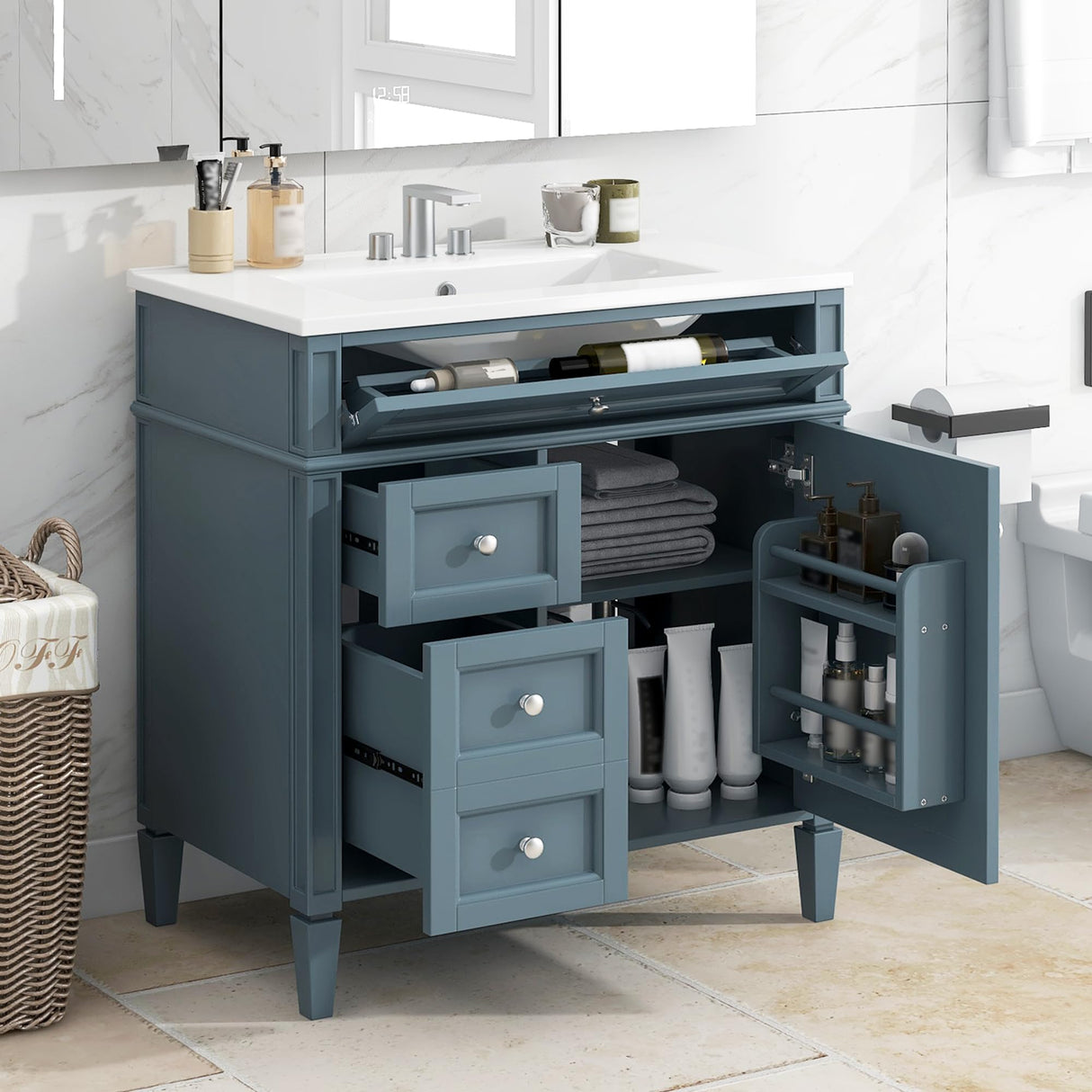 Virubi 30 Inch Bathroom Vanity with Ceramic Sink, Modern Bathroom Storage Cabinet with 3 Drawers and 1 Soft Closing Door, Solid Wood Frame Bathroom Vanities (Blue) Virubi