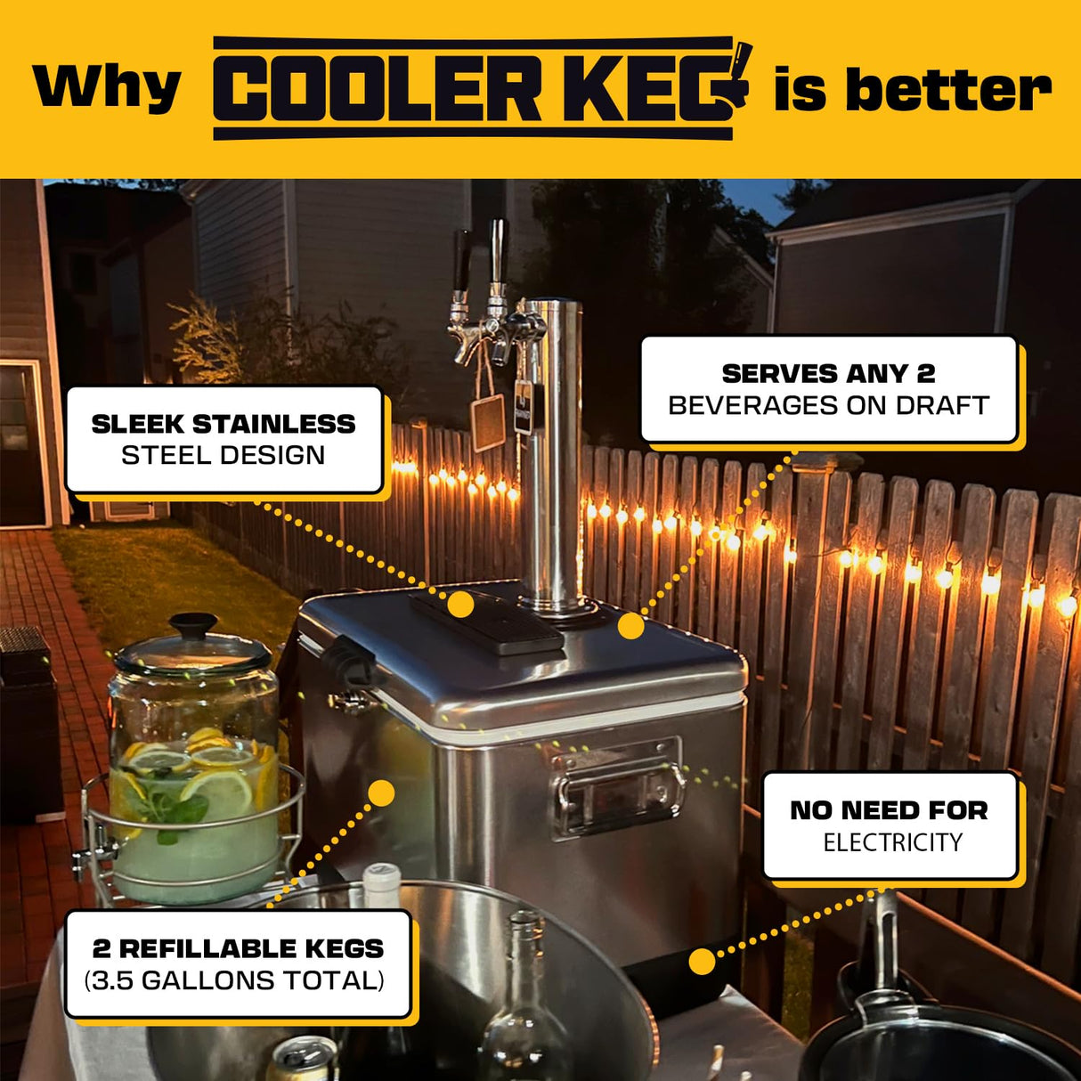 Cooler Keg™ Portable Kegerator Stainless Steel Insulated Cooler Draft System: Refillable Mini Kegs: Draft Beer, Cocktails, Homebrew, Seltzer. Dispenser with Dual taps. 4 CO2 CARTRIDGES Included Cooler Keg