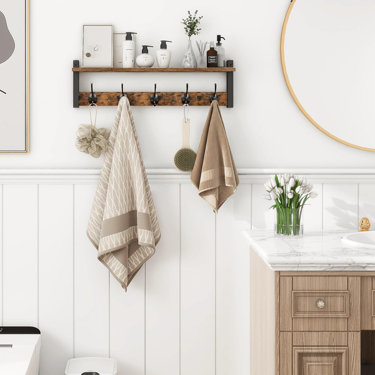 Homode Coat Rack with Shelf Wall Mount, 24 Inch Long Entryway Wall Shelf with Hooks, Wood Hanger with Storage Shelf for Bathroom, Hallway, Rustic Brown Black Homode