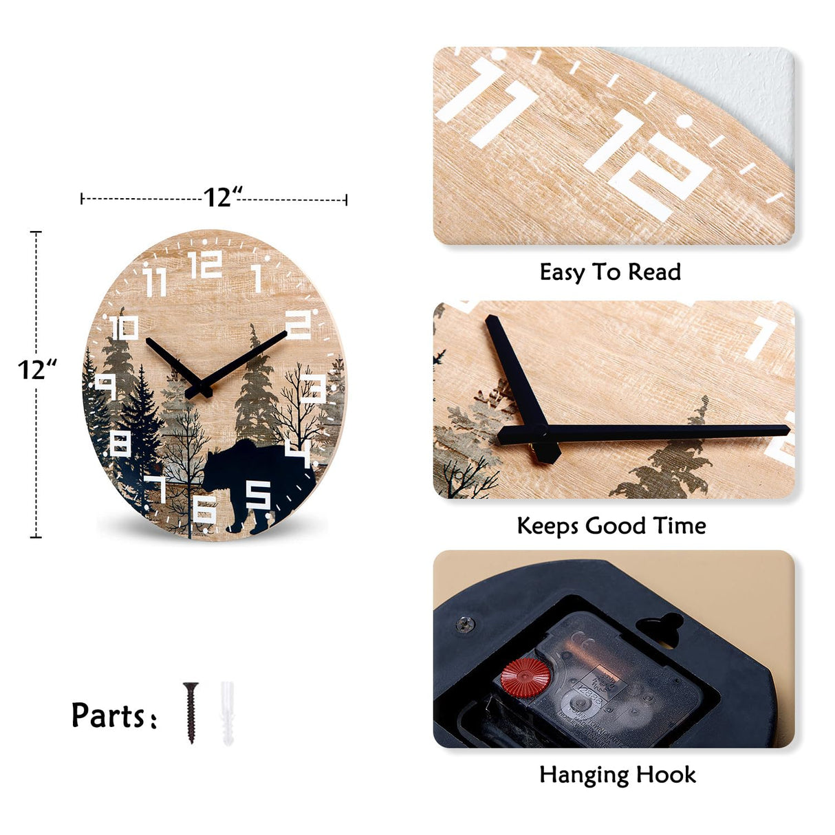 NIKKY HOME Cabin Bear Wall Clock Silent Non Ticking - 12 Inch Battery Operated Rustic Farmhouse Wooden Forest Wildlife Mountain Lodge Decor Art NIKKY HOME