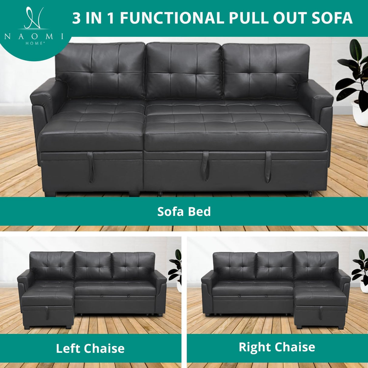 Naomi Home Transform Any Space: Sleeper Sectional Sofa with Convertible Sofa Bed & Inviting Chaise. Find Tranquil Comfort with Stress-Relieving Design & Durable Cushions - Black/Air Leather Naomi Home