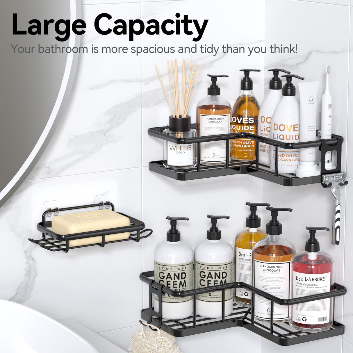 YASONIC Corner Shower Caddy Organizer, 3-Pack Adhesive Rustproof Stainless Steel Shower Shelves with Soap Holder, No Drilling Shower Storage Rack for Family Renters Bathroom, Black YASONIC