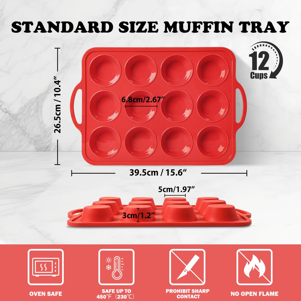Foepoge 2 Pack Silicone Muffin Pan with Metal Frame, Non-stick Regular Silicone Cupcake Pan with Handles 12 Cup, Silicon Muffin Tin Tray for baking, egg bites, Cupcake Mold, BPA Free Red Foepoge