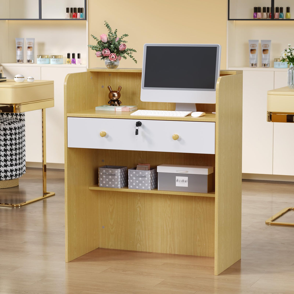 OmySalon Reception Desk with Counter, Small Front Desk w/Lockable Drawer, Wooden Modern Reception Table for Salon Lobby Office Home (Original Wood, 32) OmySalon
