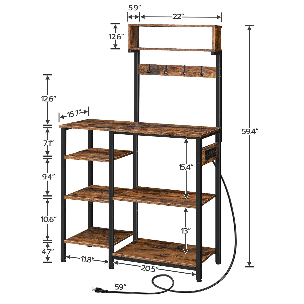 HOOBRO Bakers Rack with Power Outlet, 35.4 Inches Microwave Stand with 4 Hooks, 6 Tiers Kitchen Storage Shelf Rack, Coffee Bar Table, Rustic Brown and Black BF10UHB01 HOOBRO