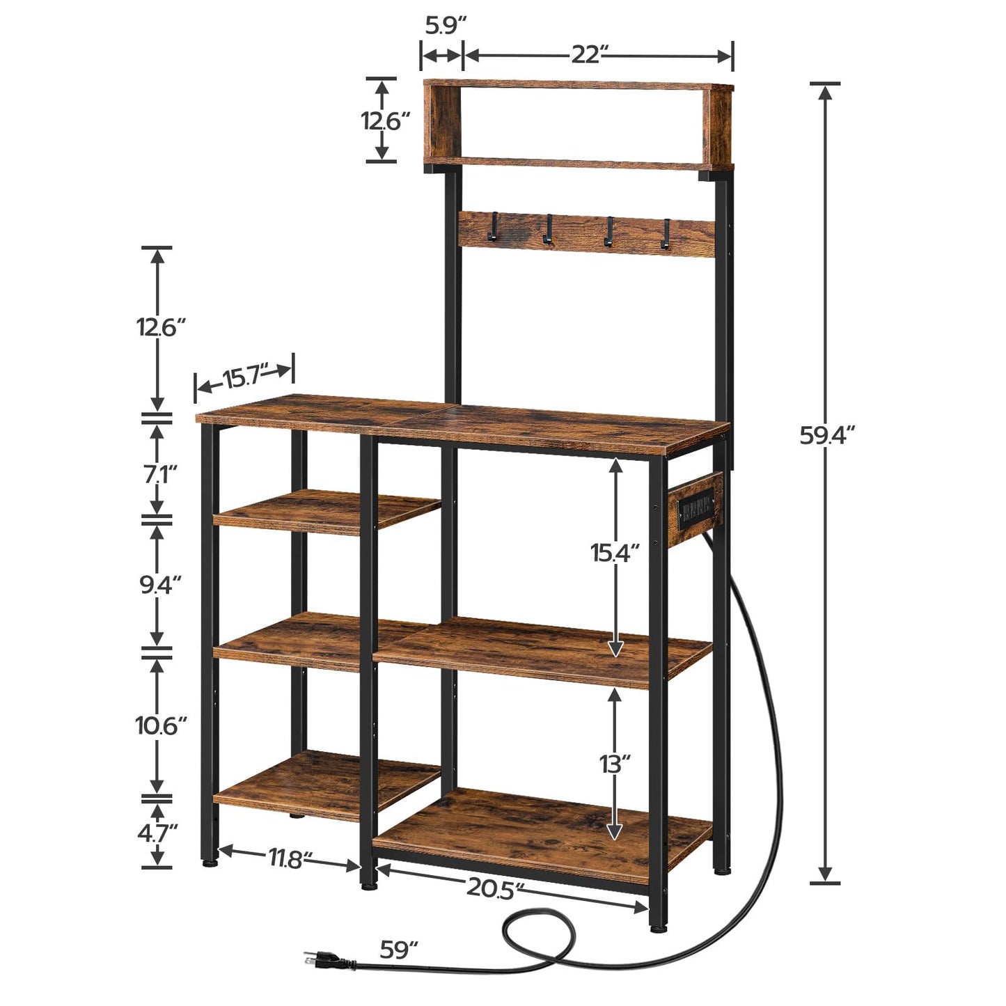 HOOBRO Bakers Rack with Power Outlet, 35.4 Inches Microwave Stand with 4 Hooks, 6 Tiers Kitchen Storage Shelf Rack, Coffee Bar Table, Rustic Brown and Black BF10UHB01