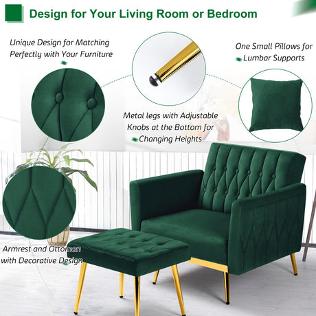 ACMEASE Velvet Accent Chair with Adjustable Armrests and Backrest, Button Tufted Lounge Chair, Single Recliner Armchair with Ottoman and Pillow for Living Room, Bedroom, Green ACMEASE
