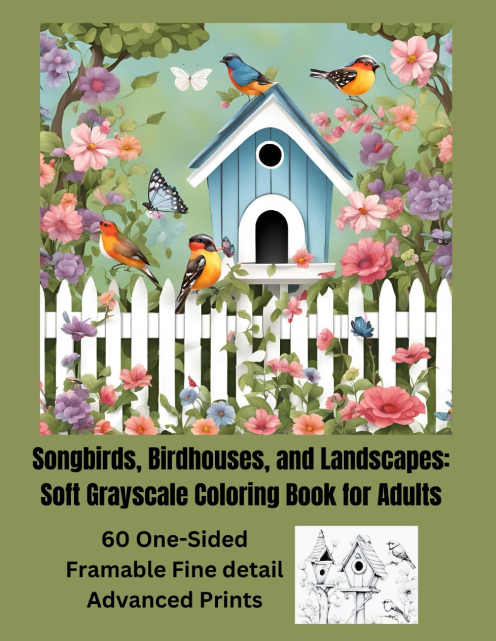 Songbirds, Birdhouses, and Landscapes: Soft Grayscale Coloring Book for Adults: 60 One-sided Frameable, Fine Detail Advanced Prints Majosta