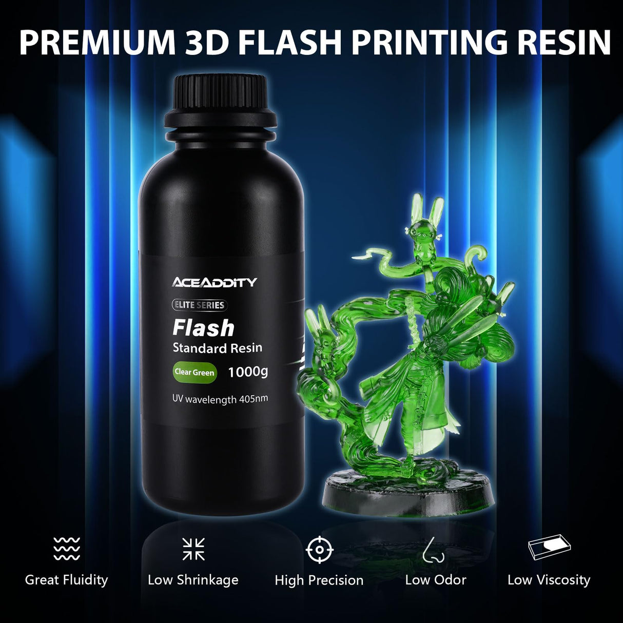 Aceaddity Flash 3D Printer Resin - High-Speed Standard Photopolymer Resin with Great Fluidity, Fast Printing for LCD/DLP 3D Printers, High Precision & Low Shrinkage, Clear Green 1KG Aceaddity