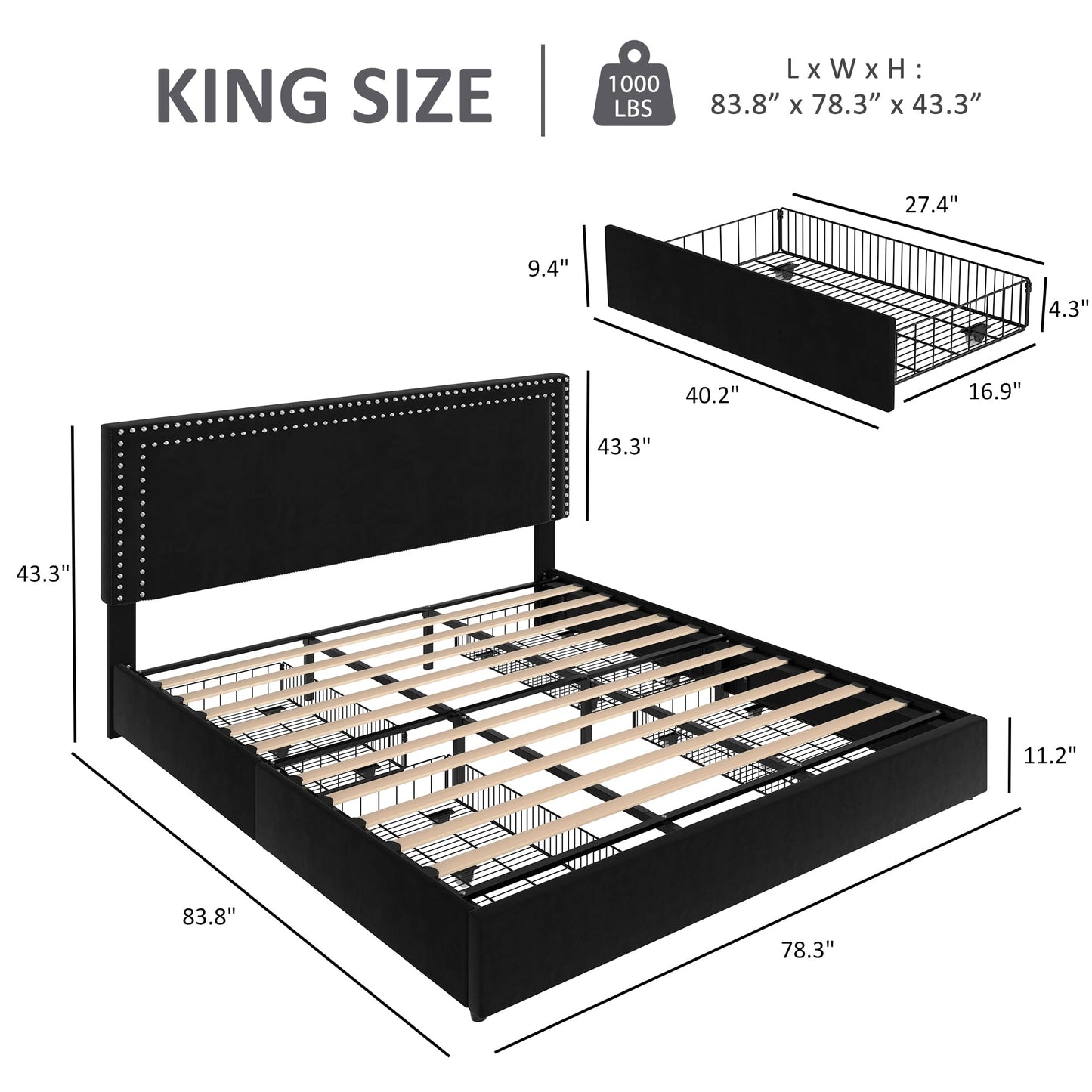 VECELO King Size Upholstered Platform Bed Frame with 4 Storage Drawers, Adjustable Velvet Rivet Decor Headboard, Wooden Slats Support, No Box Spring Needed, Easy Assembly