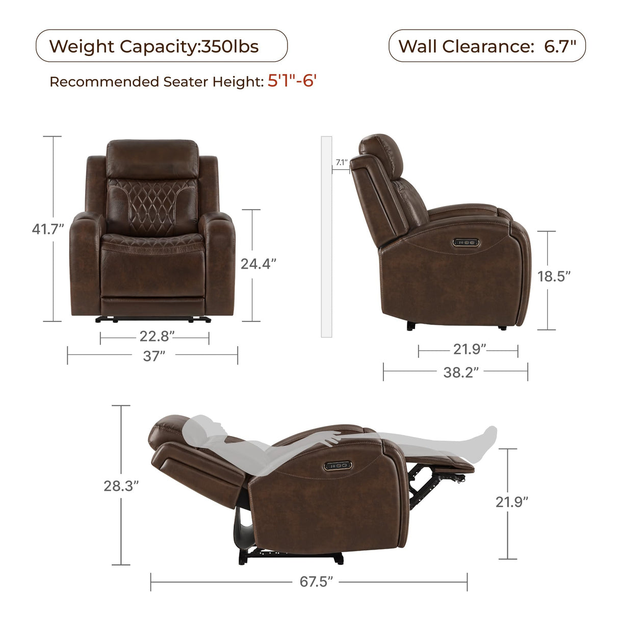 CHITA Genuine Leather Recliner Chair for Adults with Adjustable Power Headrest, Lay Flat Power Recliner with Slide-Out Cupholders & USB/Type-C Ports, Living Room Chair, Brown CHITA