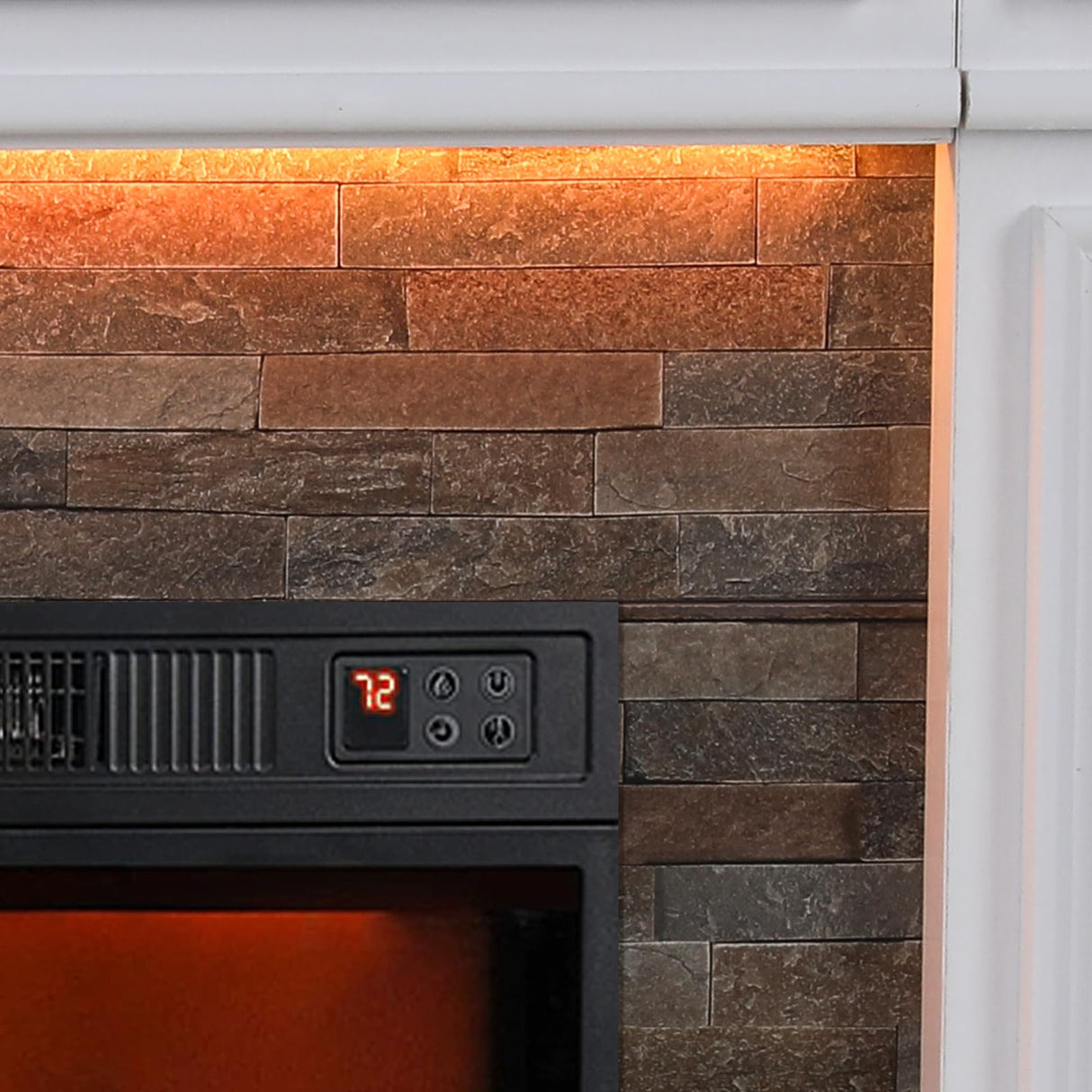 44" Electric Fireplace Mantel, LED Farmhouse TV Stand with Electric Fireplace Heater, Stacked Stone Surround and Remote Control 3D Realistic Flame, White Fireplace for Living Room Bedroom Naice