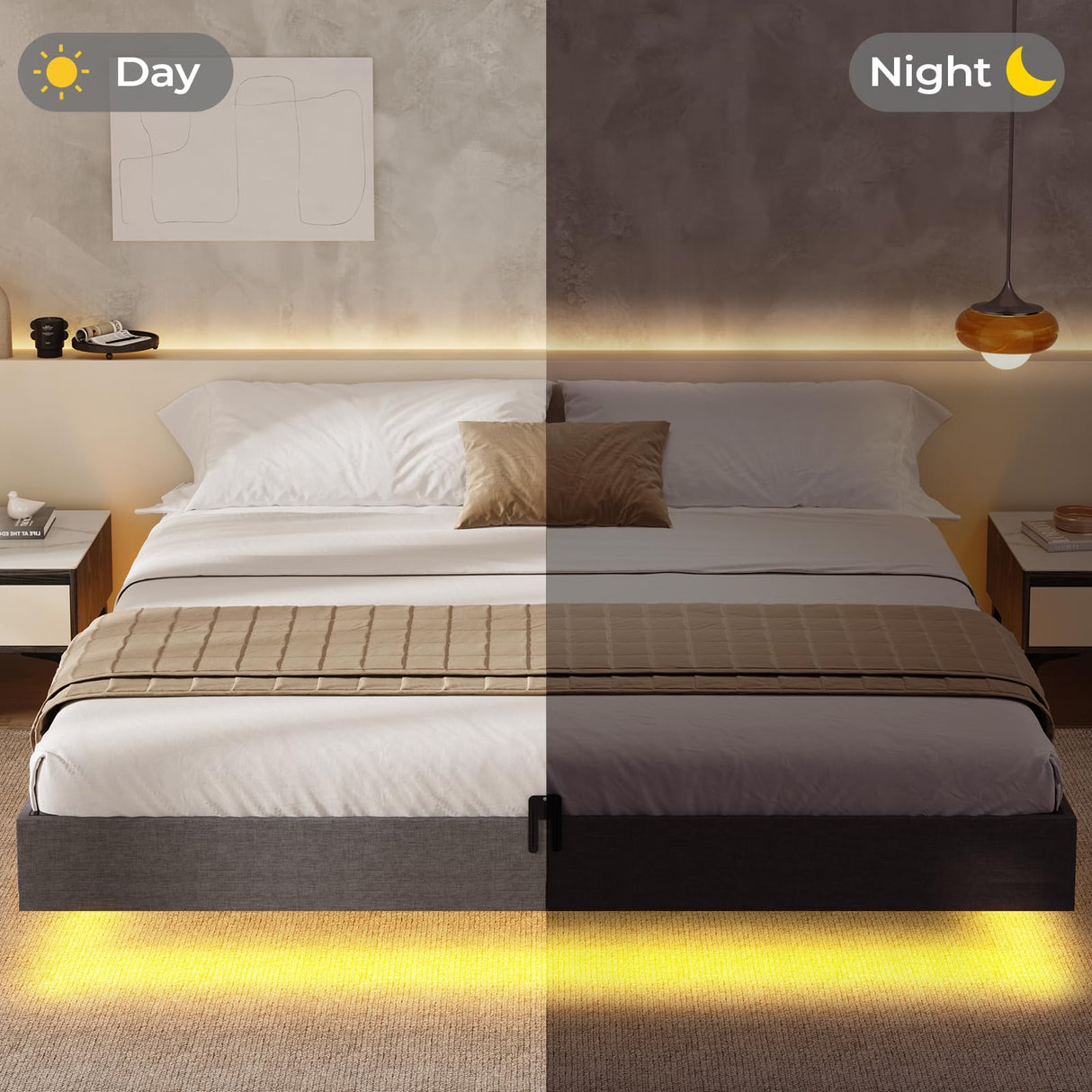 BTHFST King Size Floating Bed Frame with LED Lights – Modern Metal Platform Design BTHFST