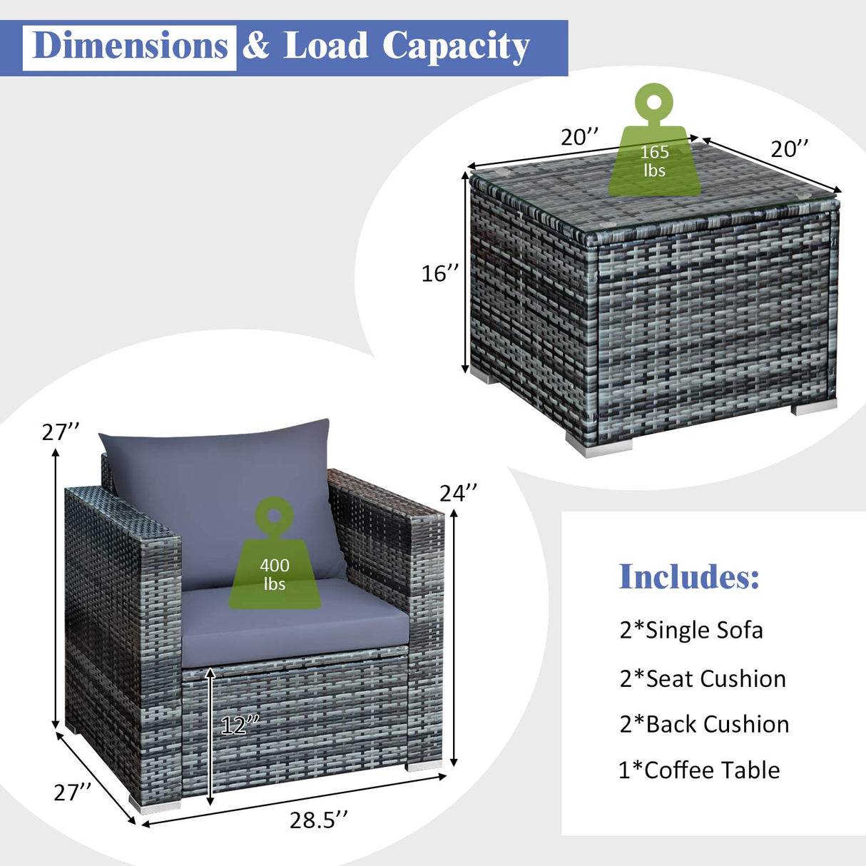 Tangkula 3 Pieces Patio Furniture Set, PE Rattan Wicker Sofa Set w/Washable Cushion and Tempered Glass Tabletop, Outdoor Conversation Furniture for Garden Poolside Balcony Tangkula