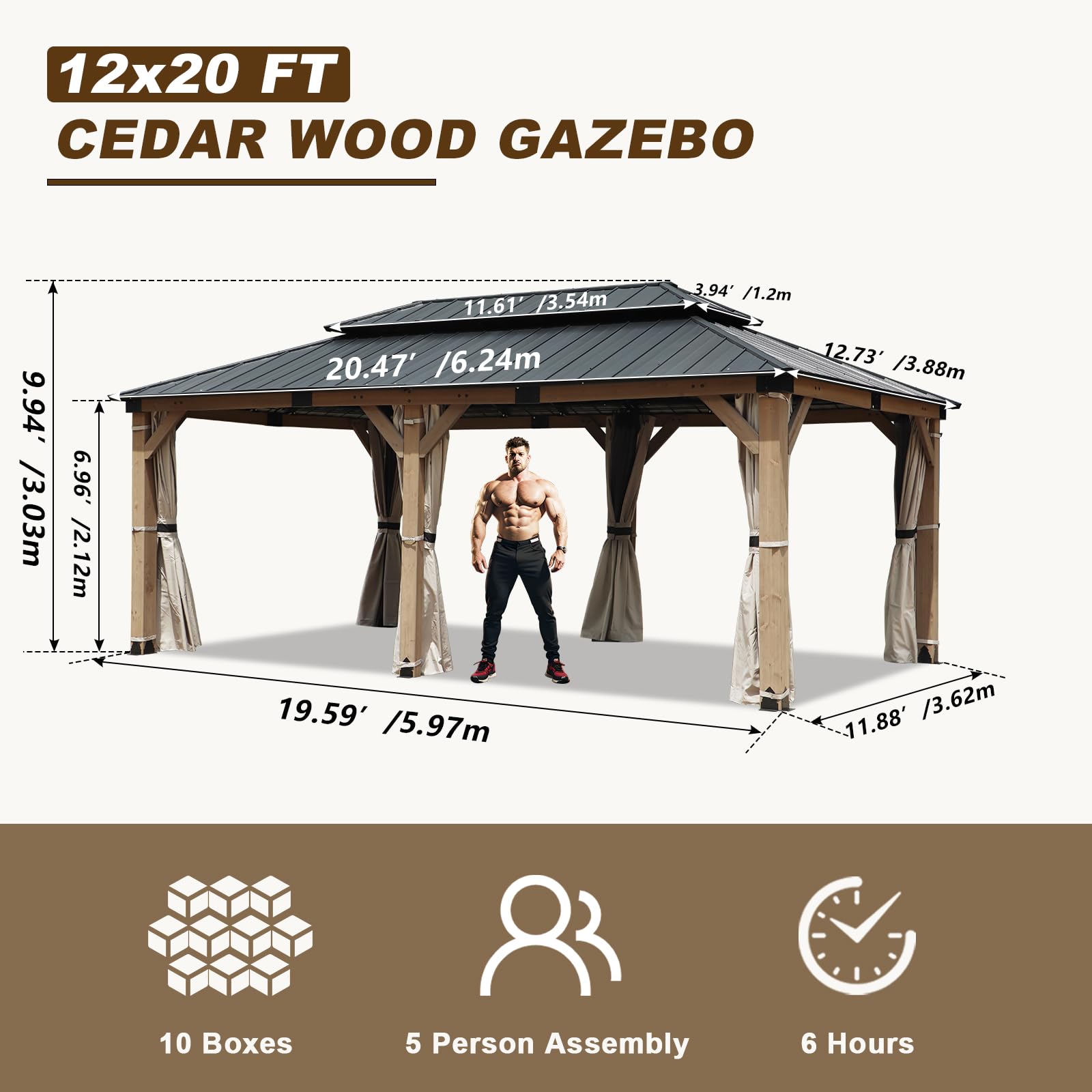 CHARMELEON 12'x20' Cedar Wood Gazebo Hardtop - Wooden Gazebo with Dual Metal Roof - Permanent Outdoor Gazebo Canopy - Large All Weather Patio Gazebo for Backyard, Deck & Garden - Greyish Brow - WoodArtSupply