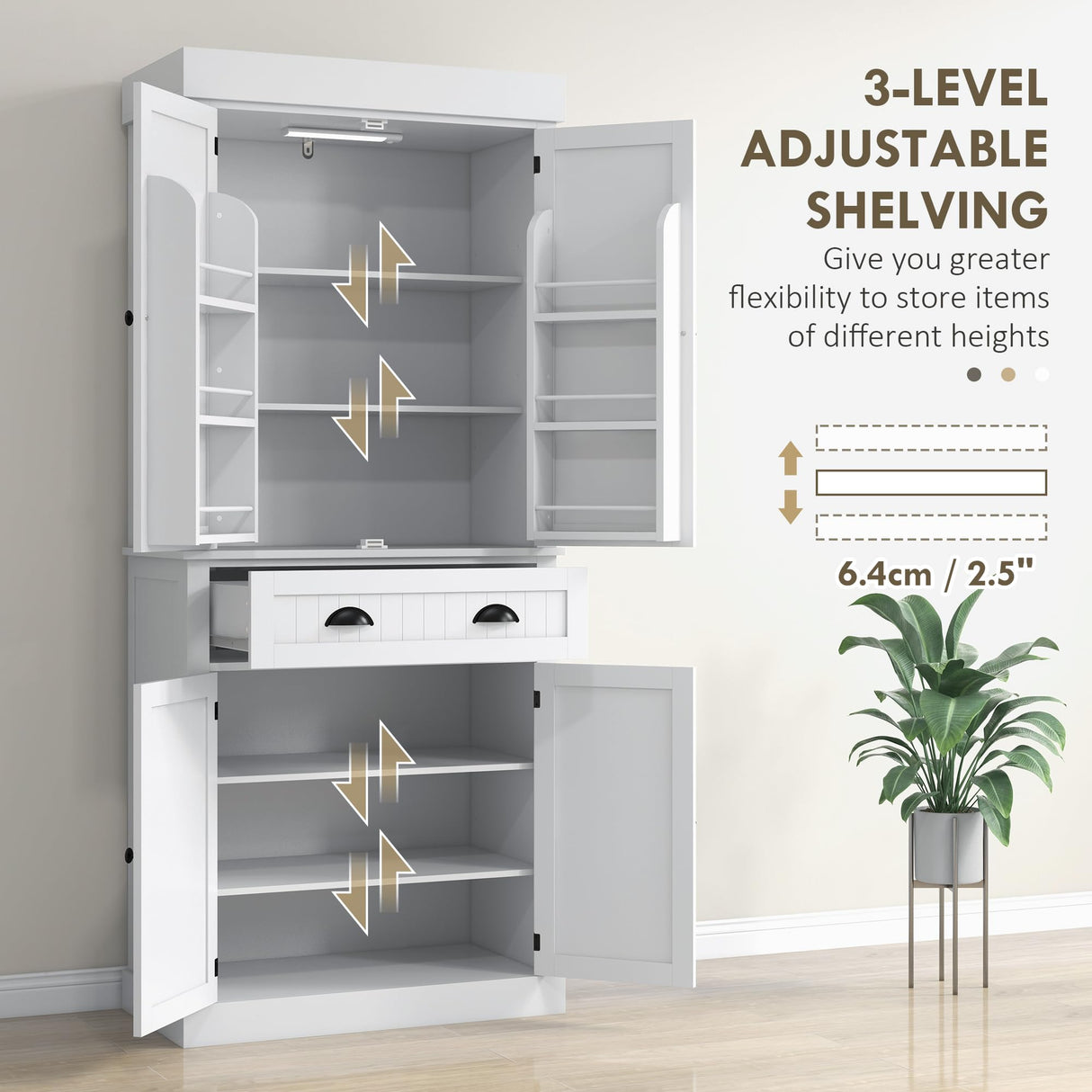 HOMCOM 71" Kitchen Pantry Cabinet with Motion Sensor Light, Tall Storage Cabinet with 6 Door Shelves, a Drawer & 4 Adjustable Shelves, for Living Room, Dining Room, White HOMCOM