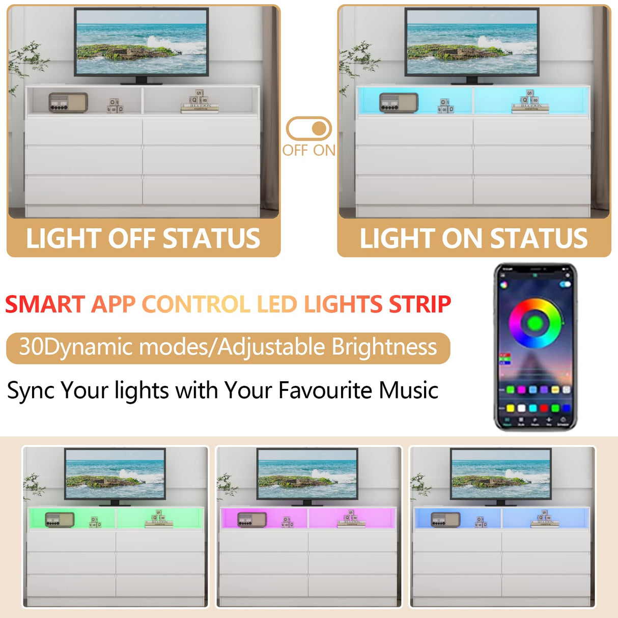 Loomie Drawers Dresser, White Drawer Dresser with Power Outlet, Accent Chests of Drawers with LED Light, Modern Storage Dresser for Bedroom, Living Room (White) Loomie