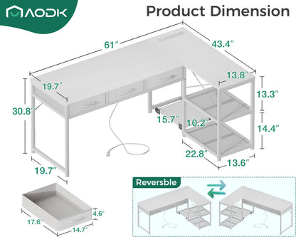 AODK 61 Inch L Shaped Computer Desk with Drawers, Corner Desk with Power Outlets & Reversible Storage Shelves, Movable CPU Stand for Home Office Gaming, White