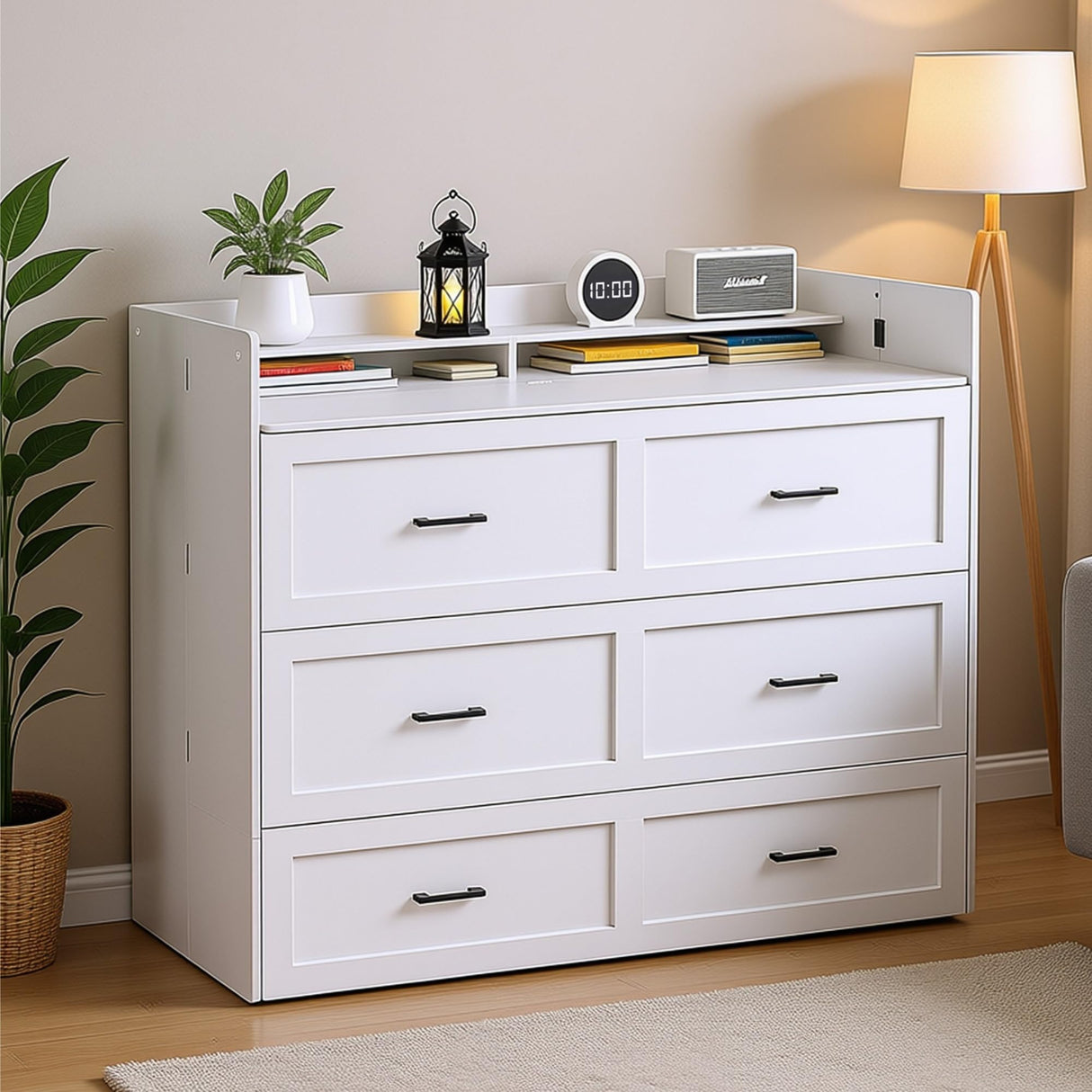 Kikihouse Murphy Bed with Storage & Charging Station, Queen Size Murphy Cabinet Bed Hideaway Bed with Motion Sensor Lights for Bedroom/Guest Room/Office, Foldable Platform Bed Frame, White Kikihouse