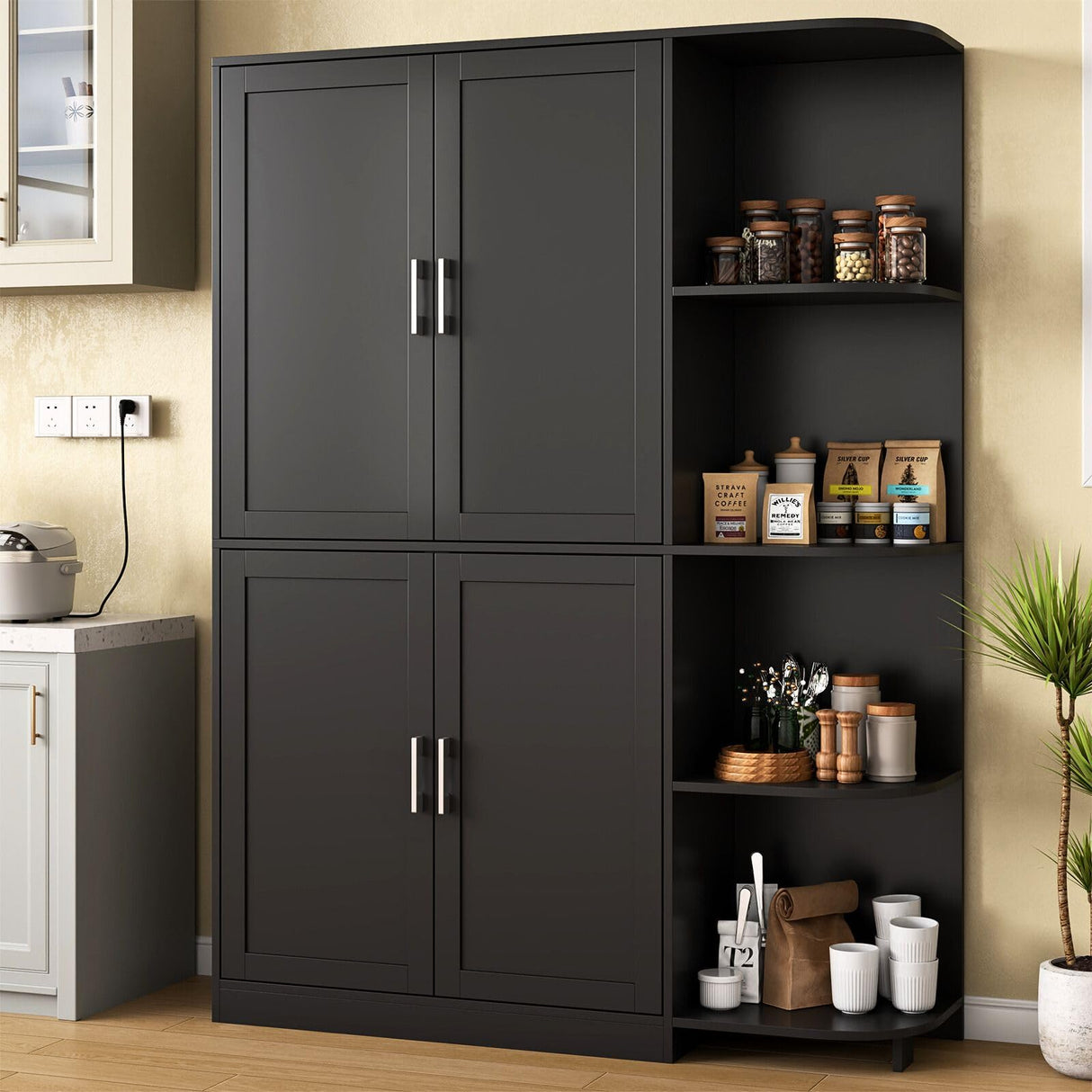 Loomie Kitchen Pantry Storage Cabinet, 64" Tall Freestanding Cupboard with Doors & Adjustable Shelves, Food Pantry Cabinet with 5-Tier External Shelf for Dining Room, Living Room (Black) Loomie