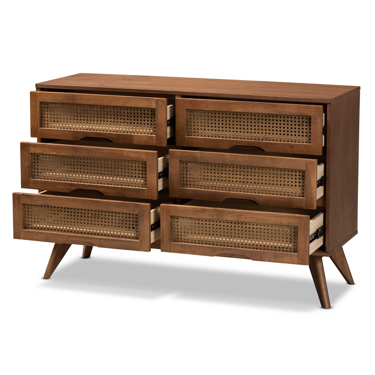 Baxton Studio Barrett Mid-Century Modern Walnut Brown Finished Wood and Synthetic Rattan 6-Drawer Dresser Baxton Studio