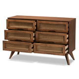 Baxton Studio Barrett Mid-Century Modern Walnut Brown Finished Wood and Synthetic Rattan 6-Drawer Dresser Baxton Studio