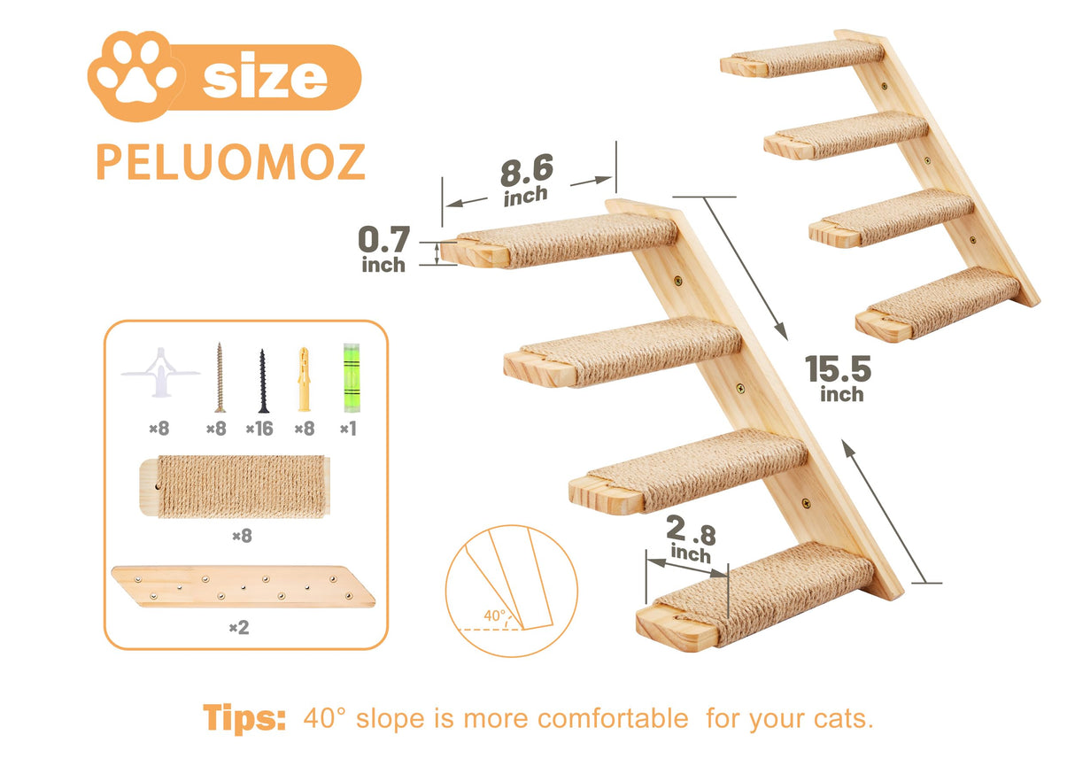PELUOMOZ Cat Climbing Shelves Wall Mounted 2PCS Four Steps Reversible Left & Right Direction, Cat Shelf Stairway for Wall with Jute Scratching Ladder Shelves Pet Furniture for Perch Sleeping PELUOMOZ