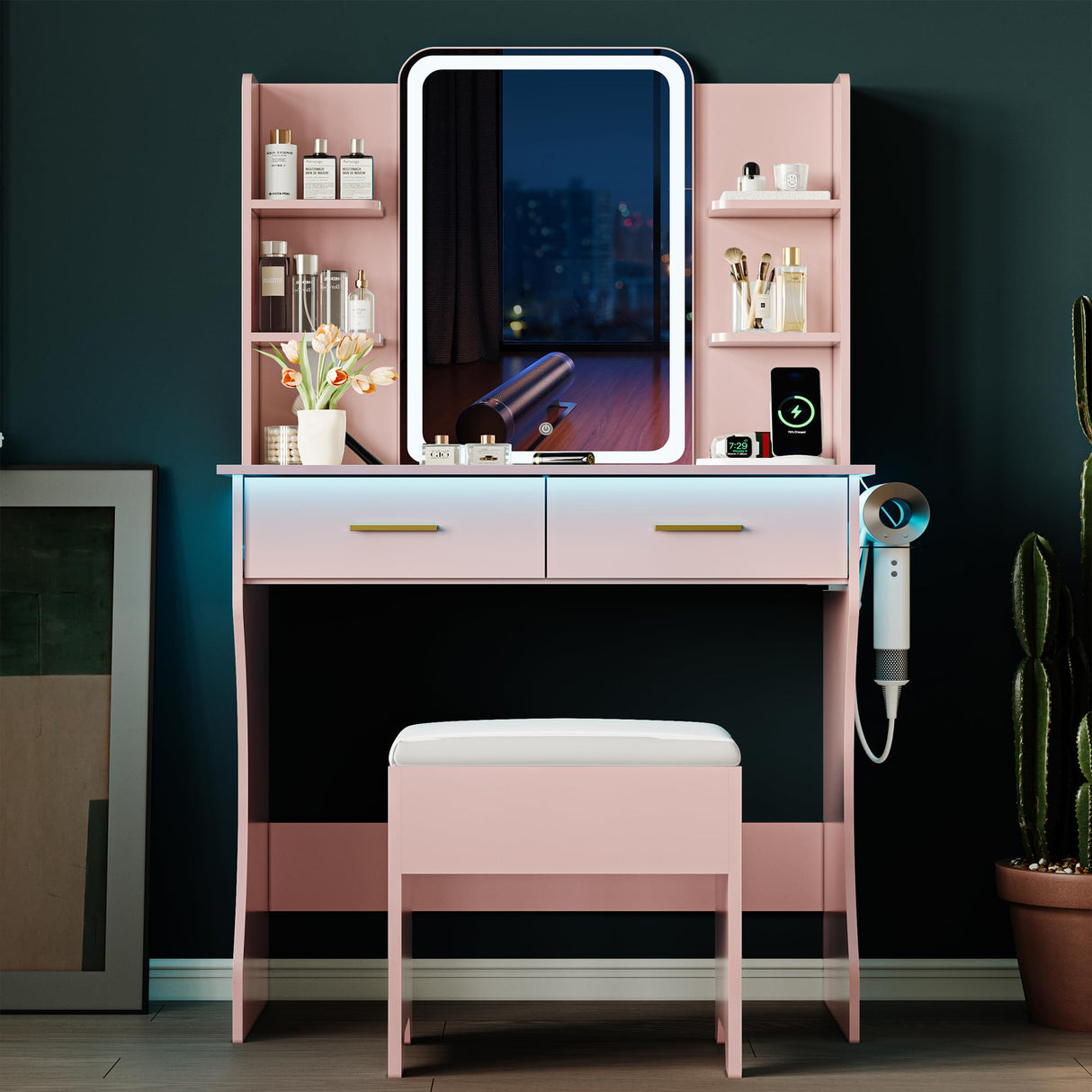 Vanity Desk with LED Lights Mirror & Power Outlet, Small Makeup Vanity Table Set with Storage Drawers & Chair, 3 Lighting Modes & Adjustable Brightness, Dressing Table for Women Girls Bedroom, Pink Xixini