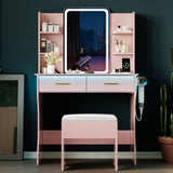 Vanity Desk with LED Lights Mirror & Power Outlet, Small Makeup Vanity Table Set with Storage Drawers & Chair, 3 Lighting Modes & Adjustable Brightness, Dressing Table for Women Girls Bedroom, Pink Xixini