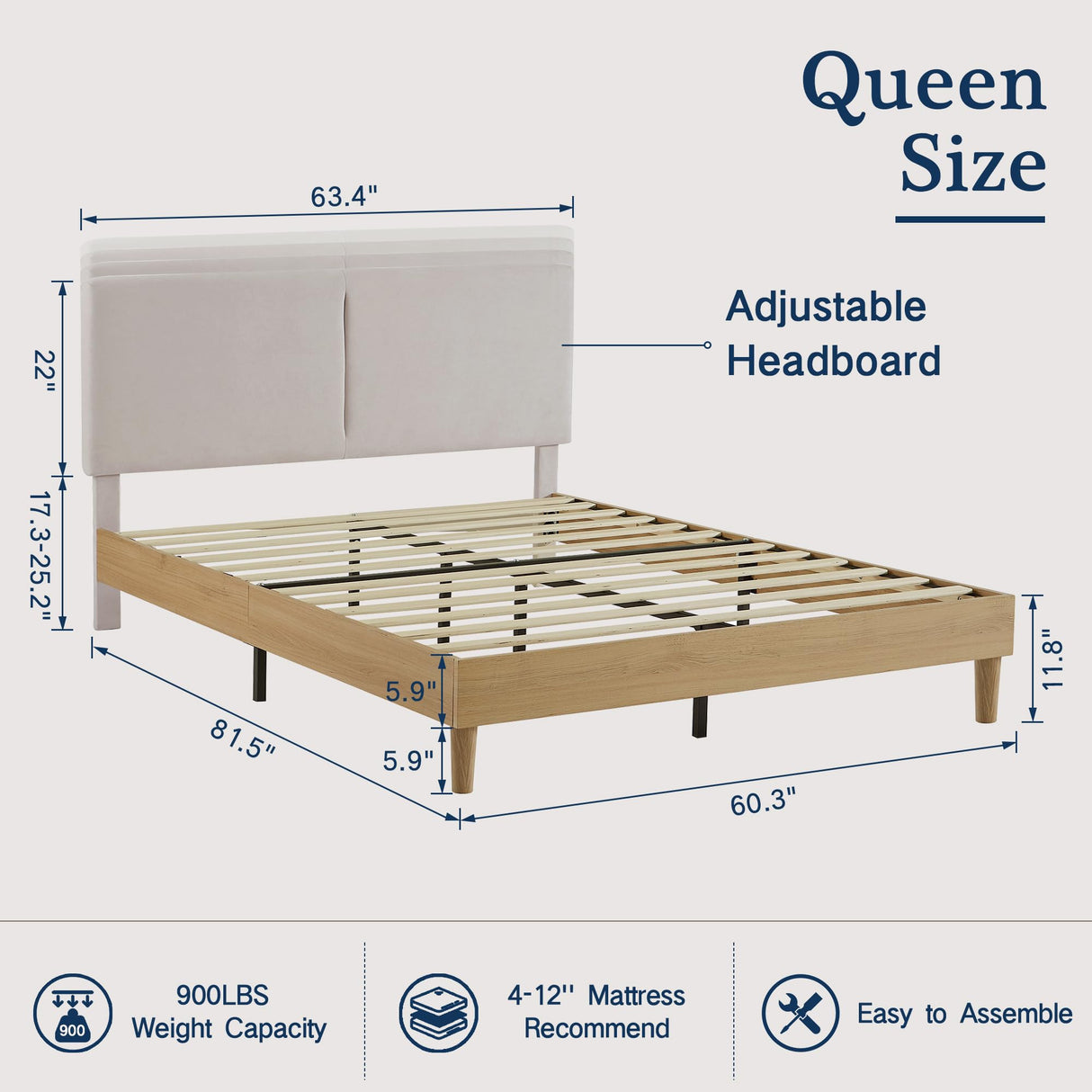 VECELO Adjustable Beige Upholstered Queen Bed Frame with Heavy-Duty Slats and Noise-Free Design VECELO