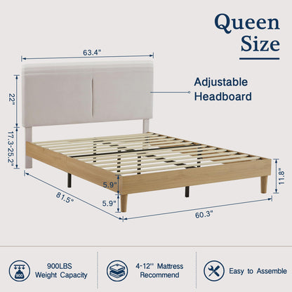 VECELO Adjustable Beige Upholstered Queen Bed Frame with Heavy-Duty Slats and Noise-Free Design - WoodArtSupply