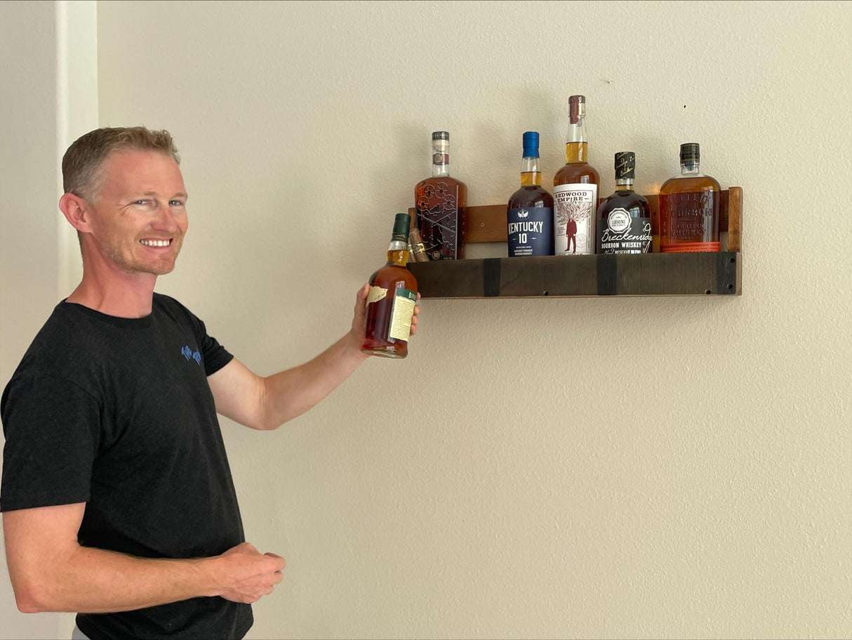 RELODECOR Whiskey & Wine Barrel Shelf - Rustic Wall-Mounted Wooden Rack for Liquor Bottles, Bourbon Display, Space-Saving Home Bar Storage, for Wine & Whiskey Enthusiasts RELODECOR
