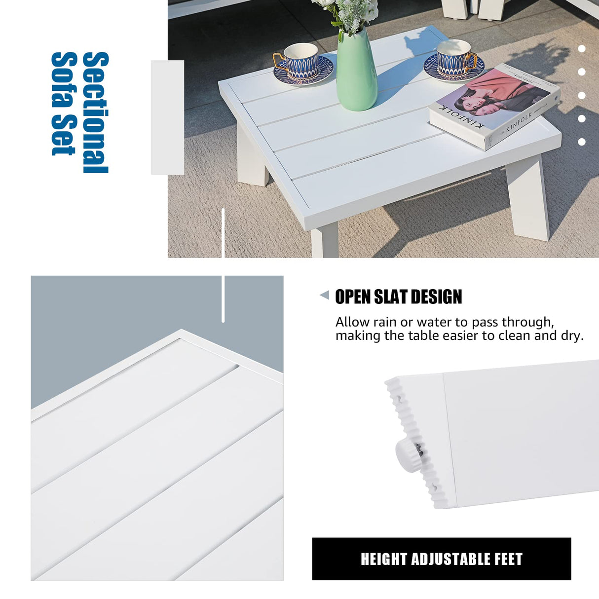 Soleil Jardin 4-Piece Outdoor Patio Furniture Set L-Shaped Aluminum Sectional Sofa with Coffee Table All-Weather Patio Conversation Set with Cushions, White Soleil Jardin