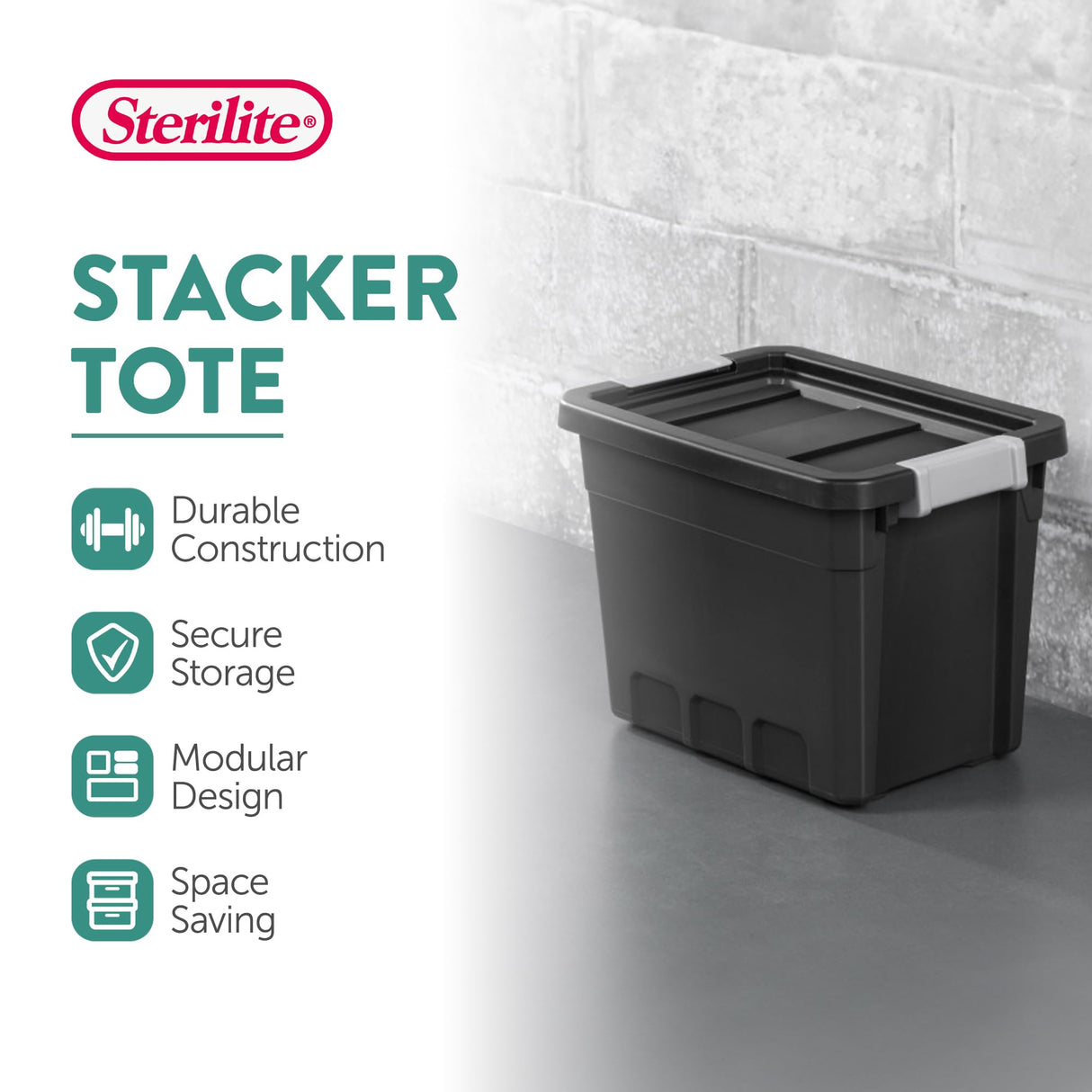 Sterilite 6-Pack 7.5 Gallon Stacker Tote, Rugged Plastic Storage for Home Organization, Black - Stackable Organizer Bins with Recessed Lid & Heavy-Duty Latches for Closet, Basement, Garage and Attic Sterilite