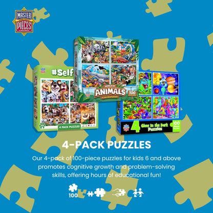 MasterPieces – Jigsaw Puzzle Set for Kids 6+ Years, 4-Pack of 100 Pieces, Educational and Fun Game, Blue Glow in The Dark Collection, Gift Idea for Children, 8" x 10