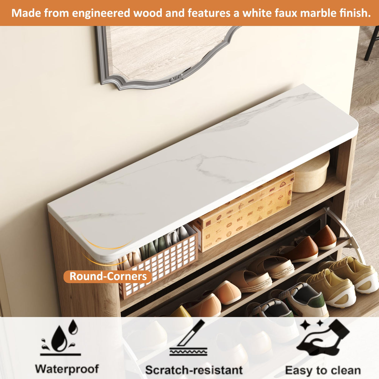 HOMEFORT Shoe Storage Cabinet for Entryway, 31.5" Fluted Shoe Cabinet with 2 Flip Drawers, Mid-Century Modern Hidden Shoe Rack Organizer, Slim Shoe Cabinet for Front Door Entrance, Natural Oak HOMEFORT