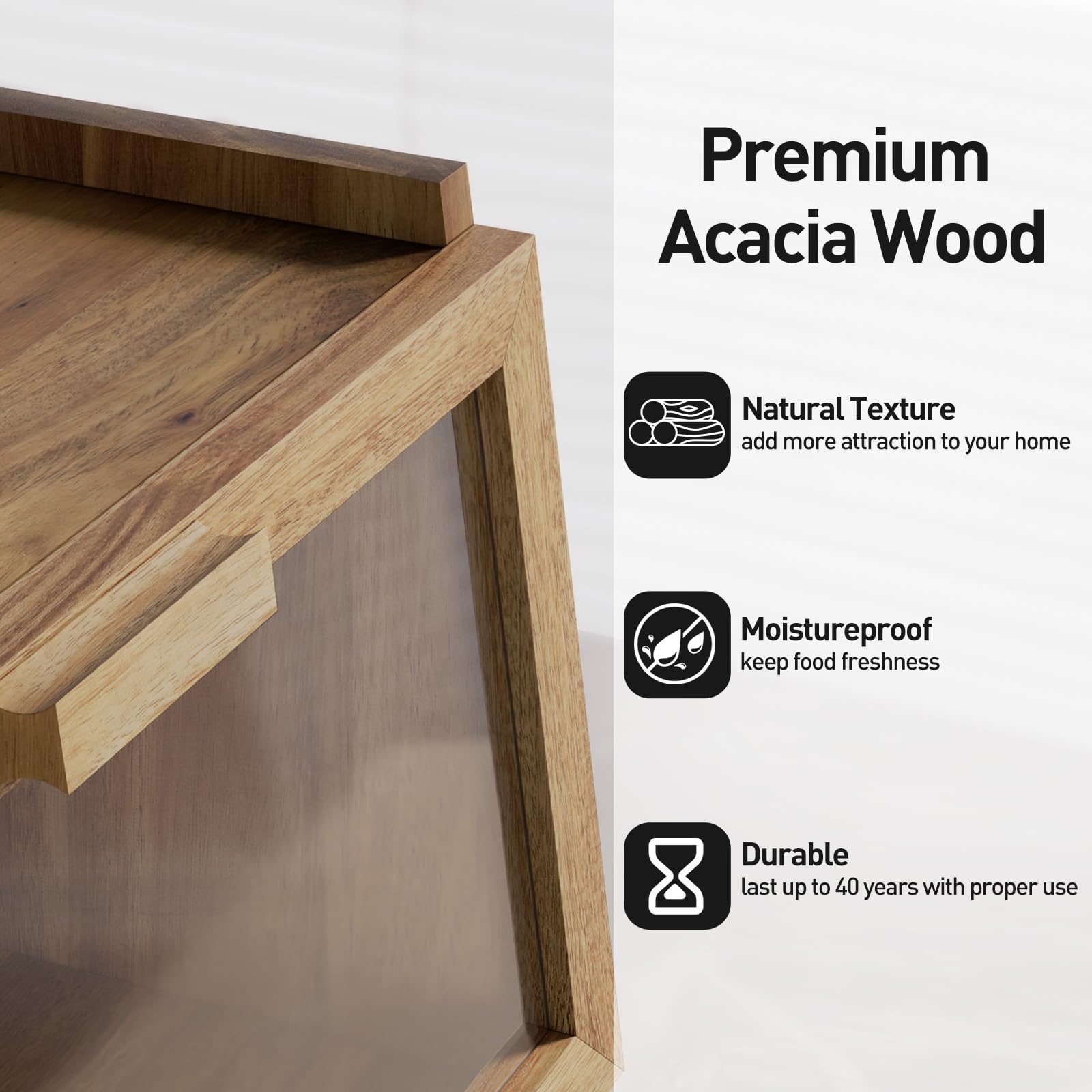 Acacia Wood Bread Box for Kitchen Countertop, Large Wooden Bread Storage Container, with Clear Window Back Air Vent and Anti-falling Design, Bread Boxes for Keeping Food Fresh in Home and Kit - WoodArtSupply