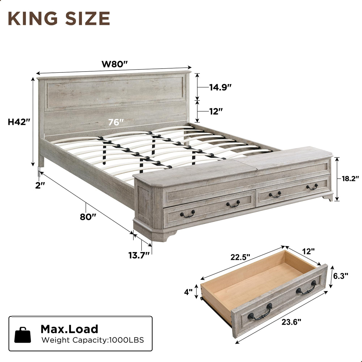 T4TREAM Farmhouse King Bed with Headboard and Storage Bench, Rustic Wood Platform Bed with 80" Storage Chest w/ 4 Large Drawer, Light Rustic Oak T4TREAM