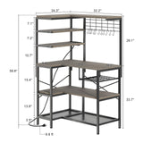 iabifo L-Shaped Bakers Rack with Power Outlet, 6-Tier Microwave Stand with Storage, Coffee Bar, Kitchen Shelf with Wire Basket, Hooks, Grey iabifo