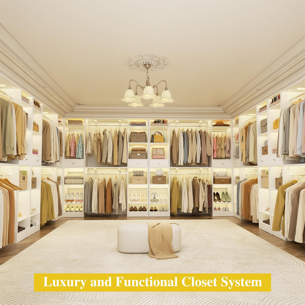 Unikito 10-15FT Closet Systems, Large Wood Walk in Closet Organizer with Hanging Rods and Drawers, Heavy Duty Closets Wardrobe with Shoe Rack, Sturdy Reversible Clothes Closet Kit, White, Set of 2 Unikito