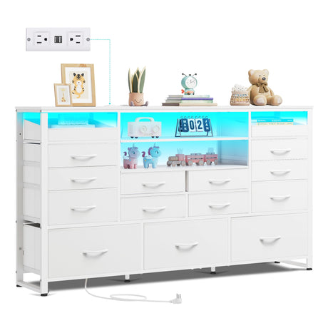 WLIVE White TV Stand for 55, 60, 65 inch TV, Entertainment Center with LED Lights & Charging Station, TV Media Console Table with 15 Fabric Drawers and Open Shelves for Living Room, Hallway, Wood Top WLIVE