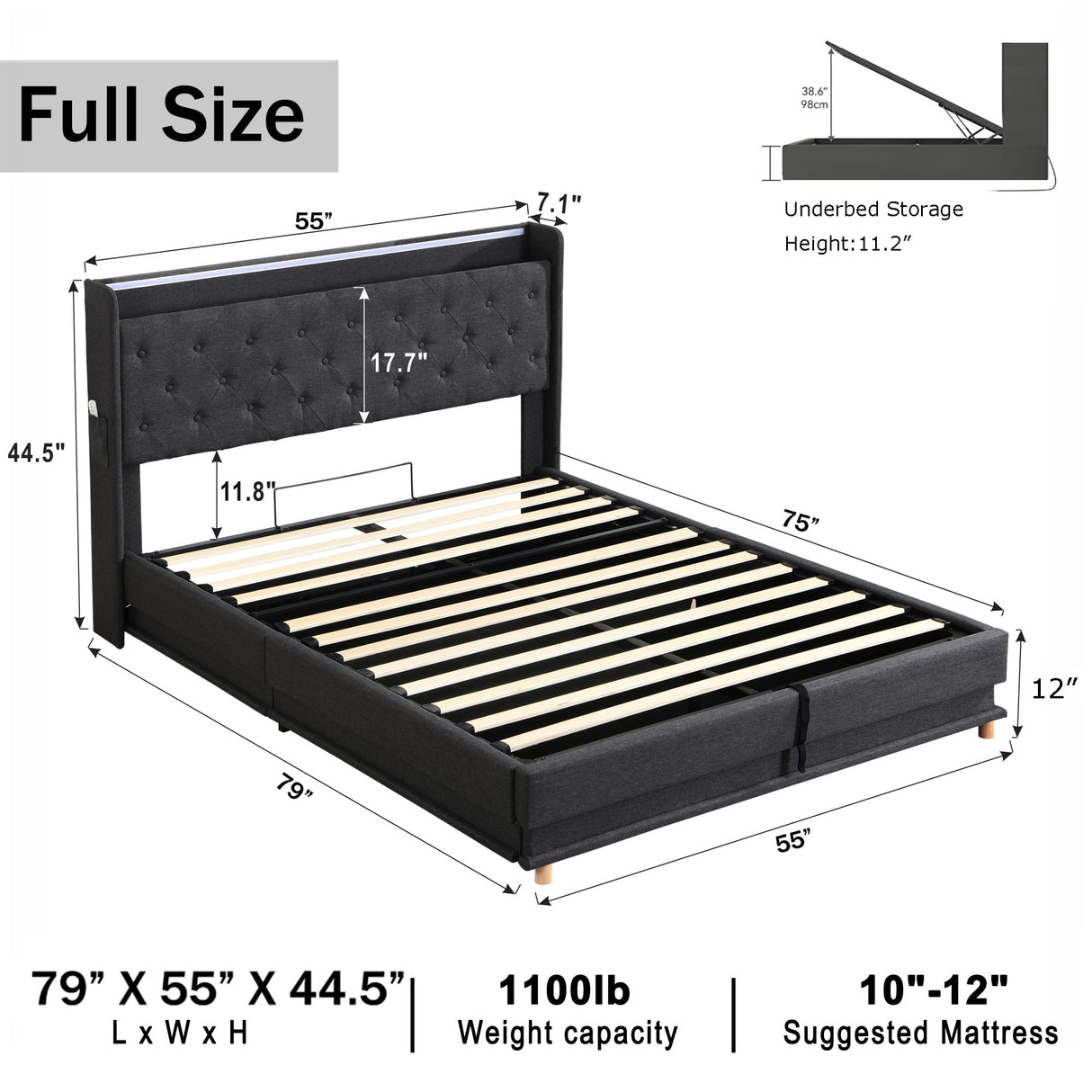 Ailisite Lift Up Storage Bed Full, Bed Frame Full Size with Charging Station & Led Lights, Upholstered Storage Bed with Wingback 2-Tier Bookcase Headboard, Hydraulic Lift, No Box Spring Needed,Black Ailisite