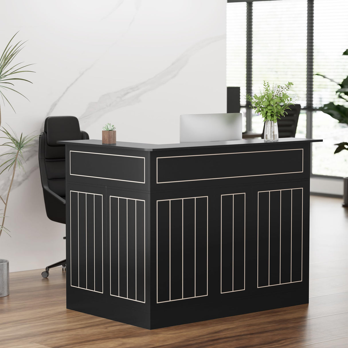 Reception Desk with Storage Shelves and Drawer, L-Shaped Modern Front Desk with Power Outlet, Reception Counter Table for Checkout, Lobby, Beauty Salon GatherHome