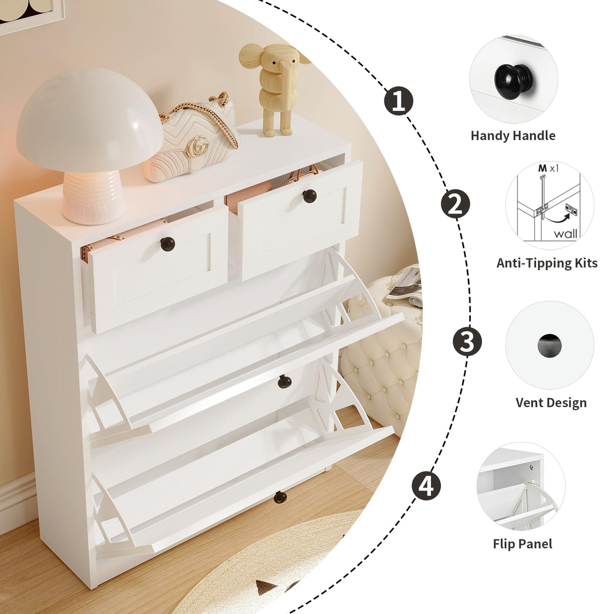 VOWNER Shoe Cabinet with 2 Flip Drawers & 2 Drawers, Freestanding Shoe Storage Cabinet with Adjustable Shelves, Shoe Organizer for Entryway, Hallway, Living Room (White) VOWNER