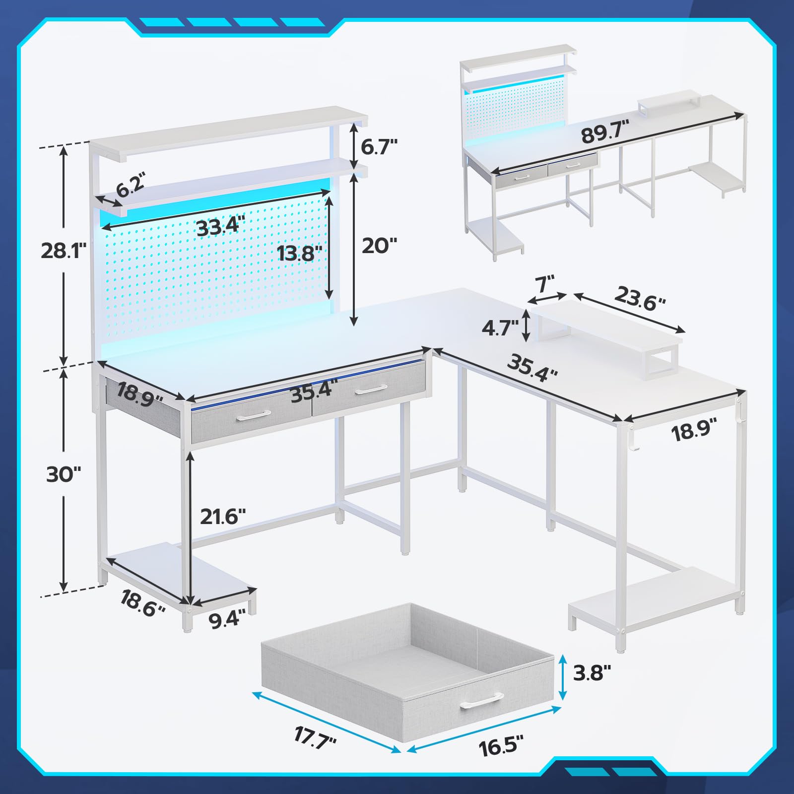 SEDETA White L Shaped Gaming Desk with LED Lights and Drawers, Gaming Desk with Hutch & Pegboard, Computer Desk with Monitor Stand, Storage Shelves, Home Office Desk Corner Desk, Gaming Table - WoodArtSupply