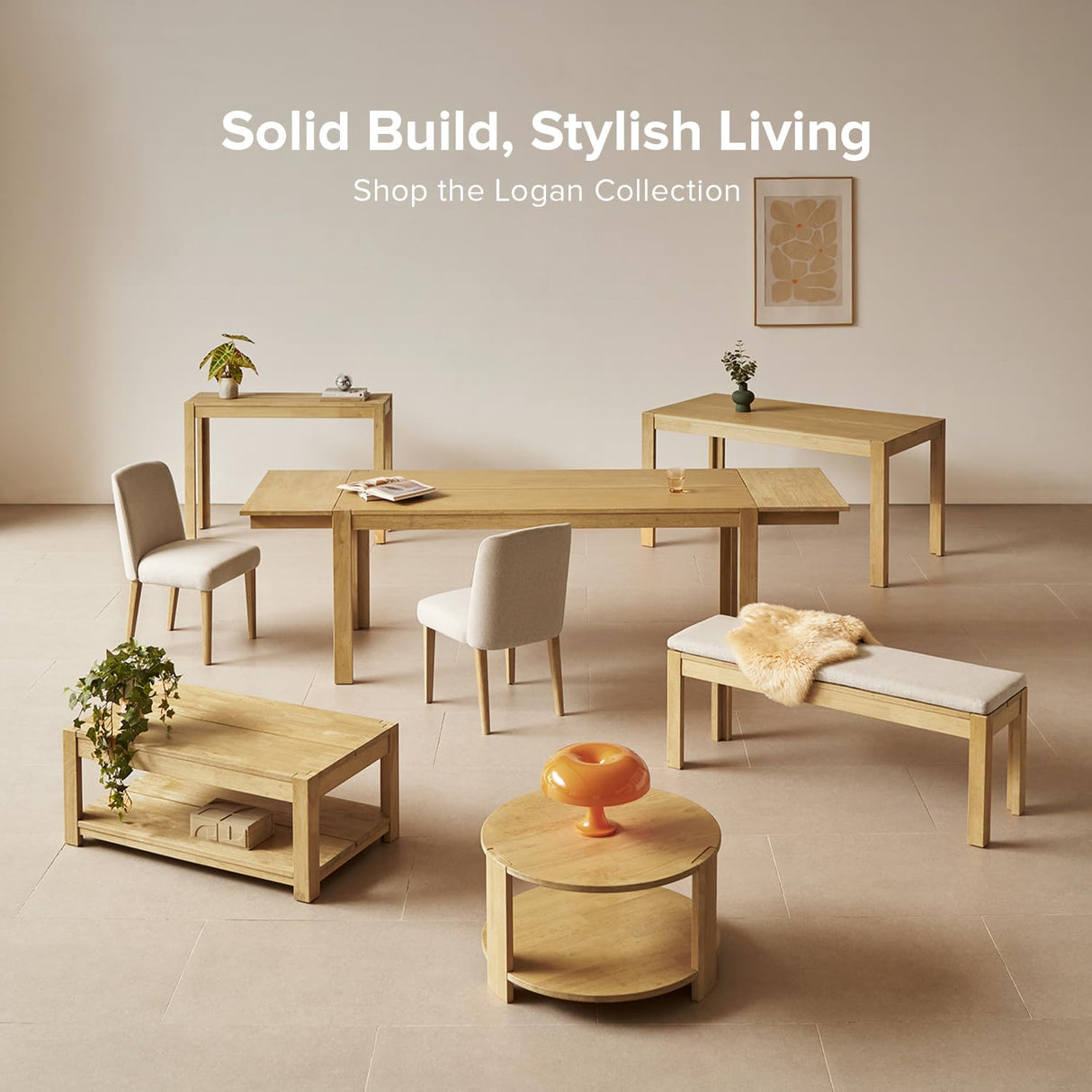 mopio Logan 7 Piece 6 Seater Upholstered Extendable Dining Table Set Beige Dining Chair Set of 6, Modern Farmhouse Solid Wood 7 Piece 91" for Dining Room Kitchen mopio