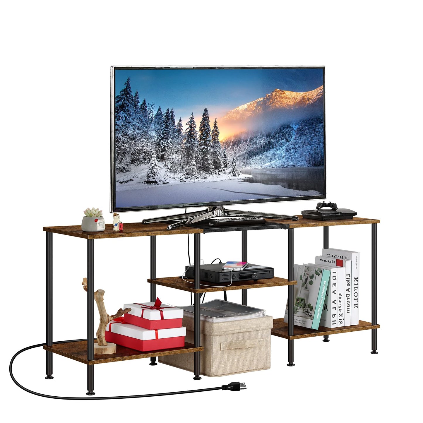 OYEAL Small TV Stand for Living Room up to 50 inch Farmhouse TV Media Entertainment Center with Power Outlets & Storage Shelf 45'' TV Cabinet Console Table for Bedroom, Rustic Brown - WoodArtSupply