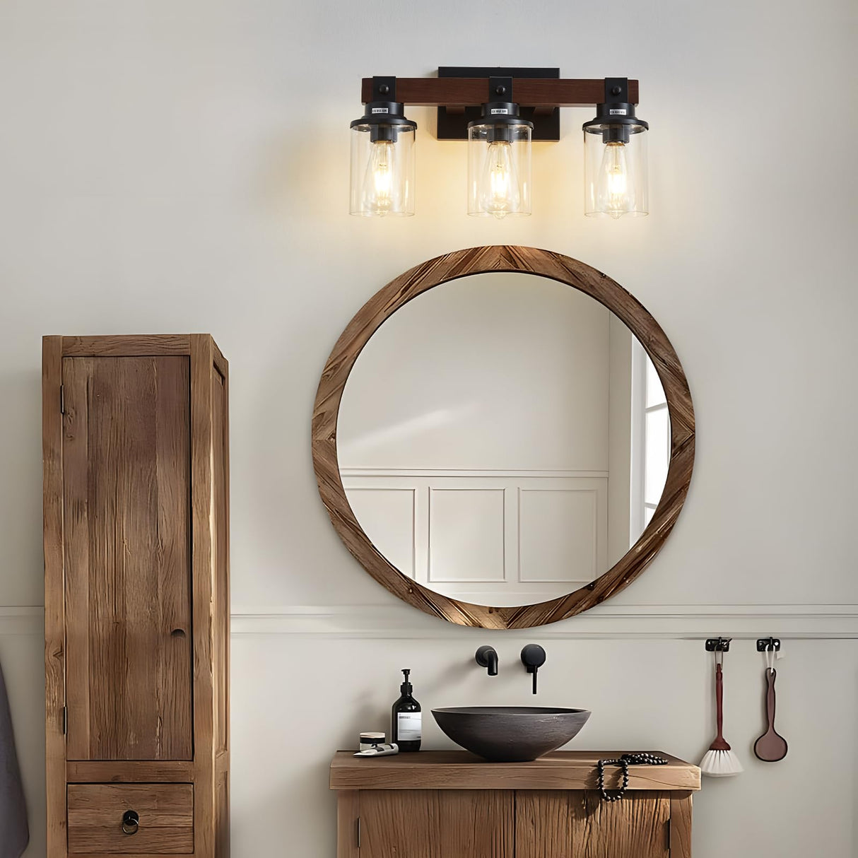 Aixialin Farmhouse Wood Vanity Light for Bathroom, 3-Light Wood Bathroom Vanity Light Fixtures Over Mirror, Rustic Sconces Wall Lighting with Metal Lampshade for Bathroom, Bedroom, Hallway Aixialin