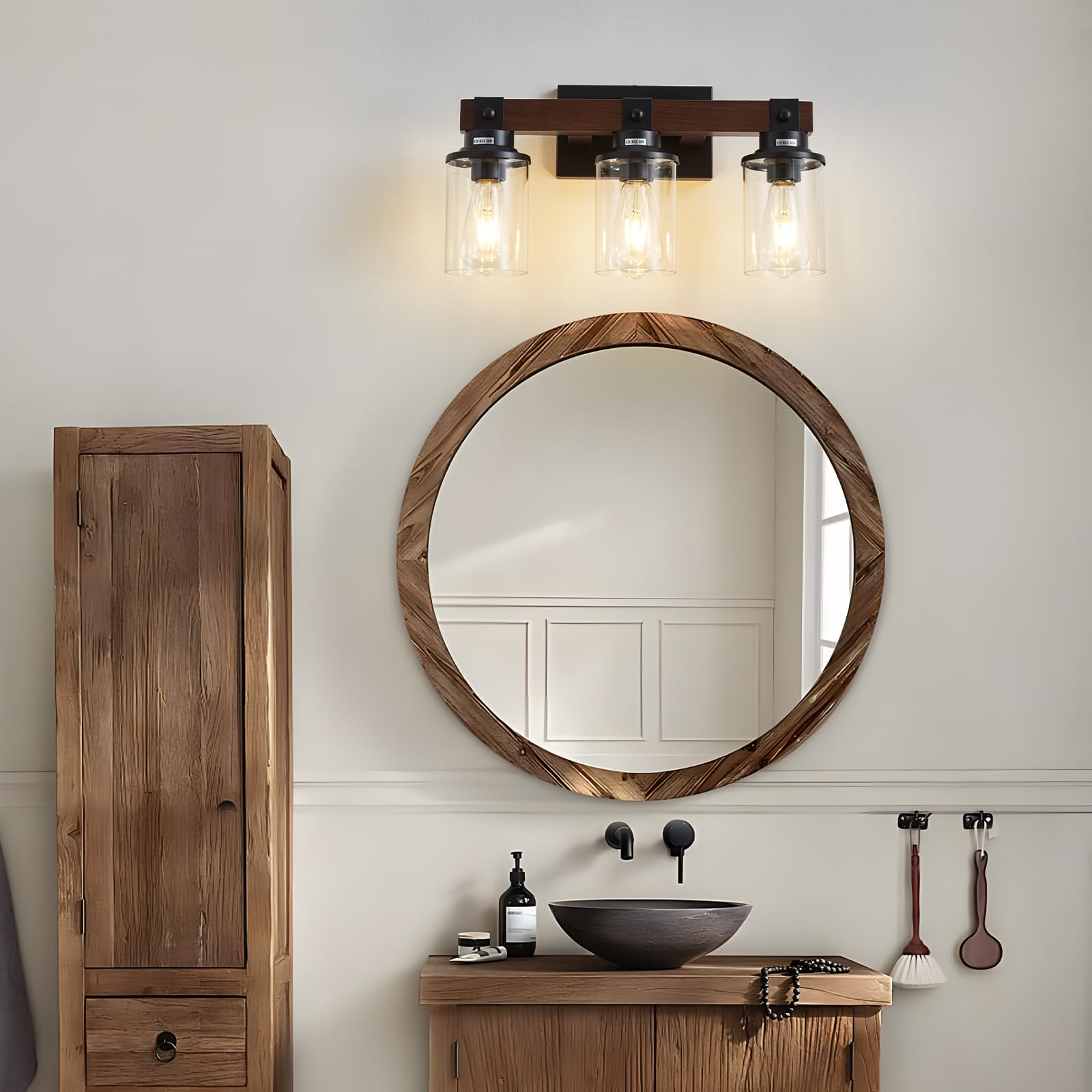 Aixialin Farmhouse Wood Vanity Light for Bathroom, 3-Light Wood Bathroom Vanity Light Fixtures Over Mirror, Rustic Sconces Wall Lighting with Metal Lampshade for Bathroom, Bedroom, Hallway - WoodArtSupply